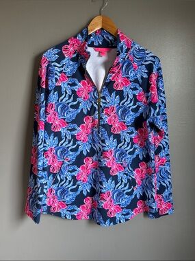 Lilly Pulitzer navy 1/4 zip pullover w/ pink & blue floral print * sz L * EUC